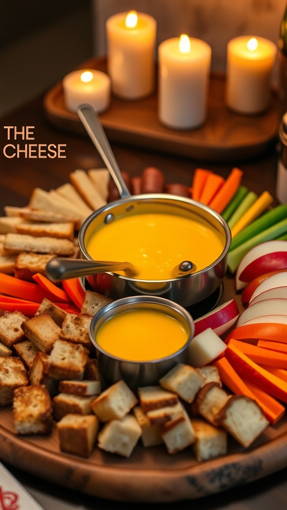 A cheese fondue board with melted cheese pot and assorted dippers including bread, vegetables, and fruits.